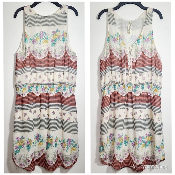 FREE PEOPLE Prairie Floral Dress, Cottage, Crisscross Drawstring,Shirred Waist - Picture 2 of 9
